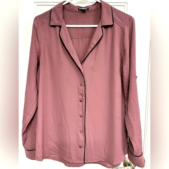 Express Purple Button Down w/Black Piping Sz Med Eclectic Grandpa City Girl - Picture 1 of 9
